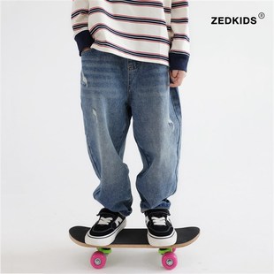 百搭裤 儿童牛仔裤 潮酷男童猫爪破洞蓝色牛仔长裤 2024s新款 春秋季