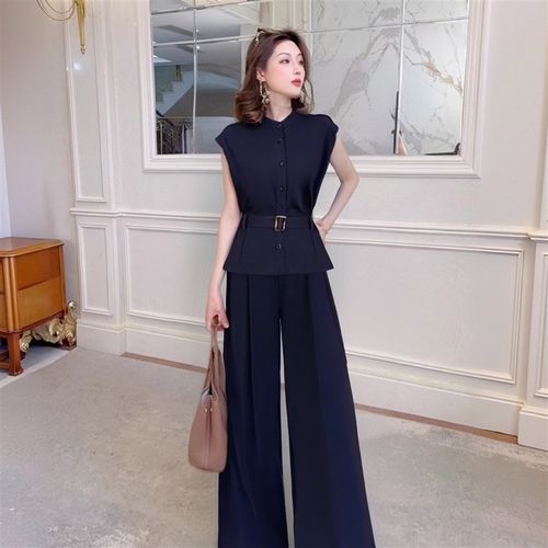 2025a新款时尚轻奢清爽慵懒风短袖衬衫+高腰休闲阔腿裤套装D1671A