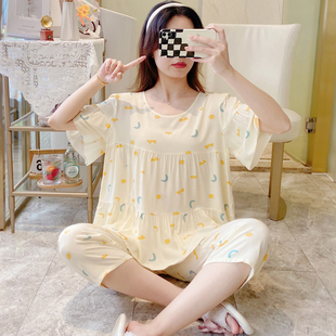 绵绸人造棉套装 夏天小个子棉绸睡衣m女士夏季 套头女款 七分裤 短袖