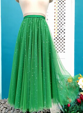 绿色半身裙d春秋大码显瘦胖mm梨形身材亮闪闪小个子长裙a字网纱裙