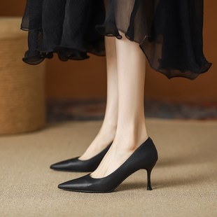 尖头米白色工作鞋 黑色高跟鞋 正装 春季 职业单 女f细跟真皮2024新款