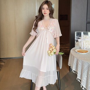公主风蕾R丝中长款 夏季 网纱带拆胸垫珠片刺绣短袖 韩版 连衣裙 新款