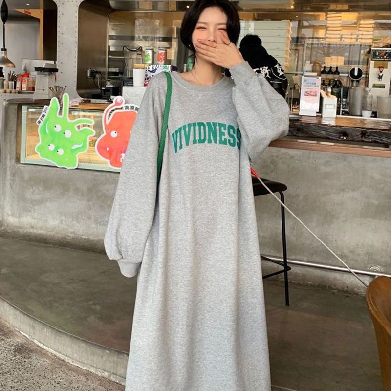 韩系chic圆领卫衣裙女装新款bf慵懒风宽松显瘦百搭下摆开叉连衣裙