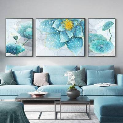 【折扣价】抽象客厅装奢饰荷花轻大气墙壁三联壁画现代简约沙画发