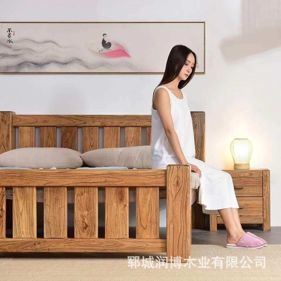 北方老榆木实木床 中式雕花床卯榫双人床 原木床 卧室中式家具