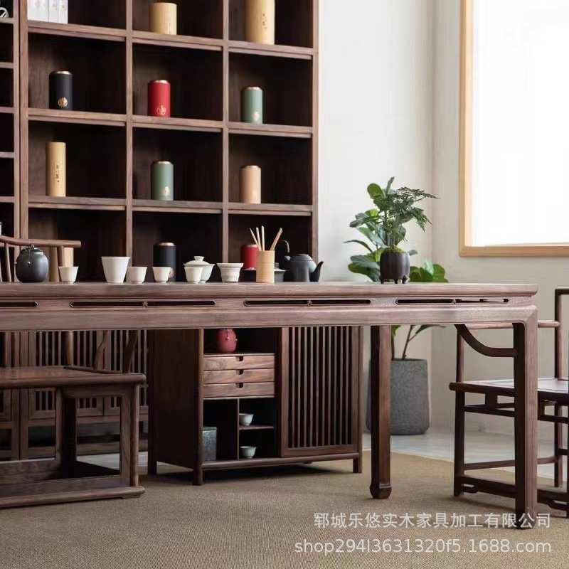 新中式黑胡桃博古架组合套装禅意书架老榆木格子办公室茶具展示柜