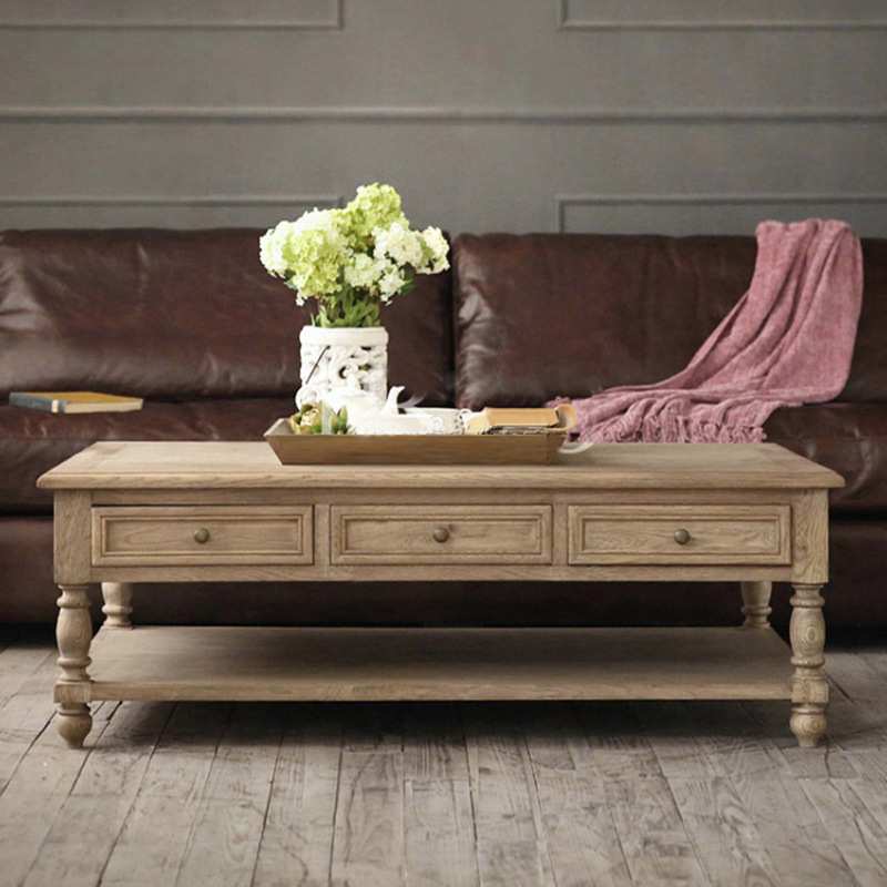 美式实木橡木茶几长方形法式复古双层咖啡桌简约小茶台家用小户型