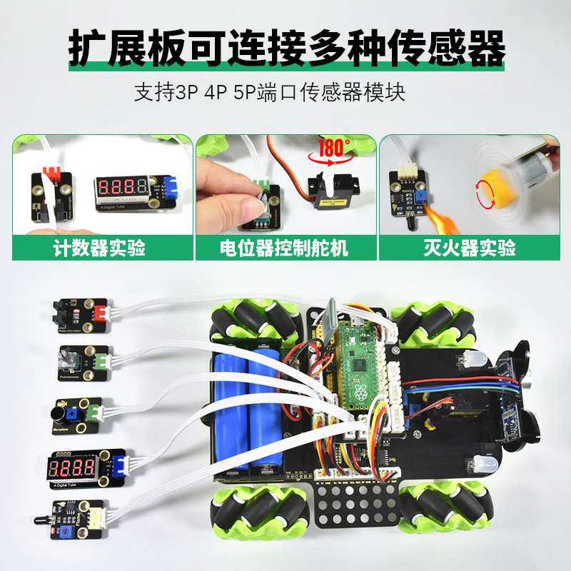 树莓派pico智能车套件 麦克纳姆轮循迹避障microPython编程机器人