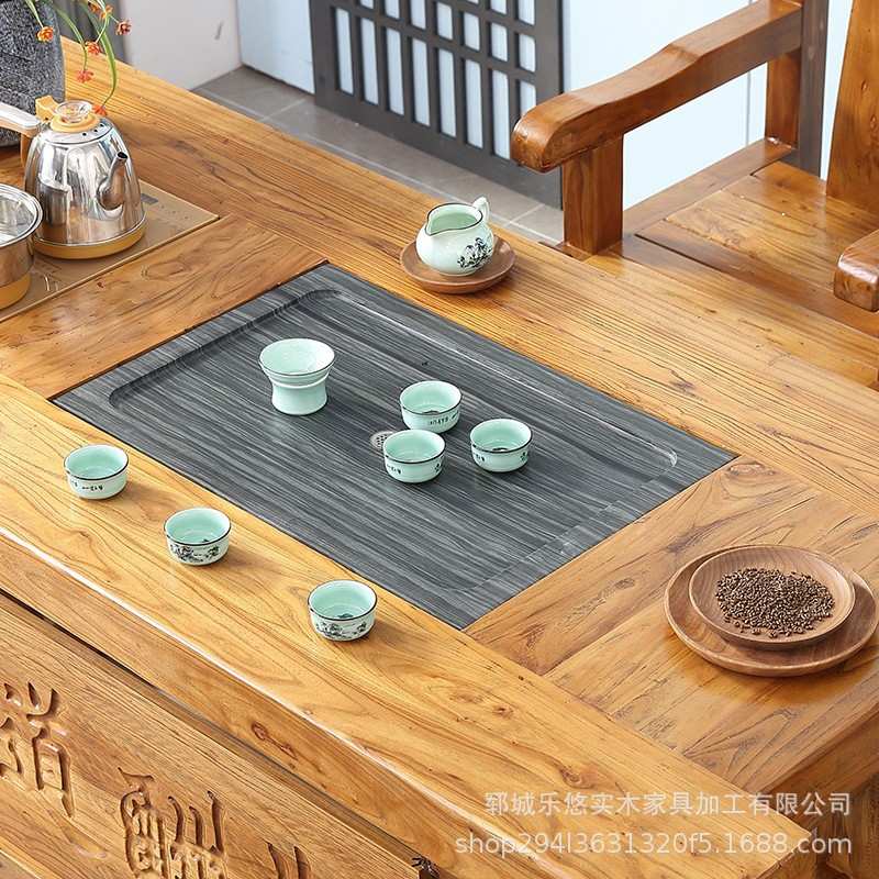 老榆木实木餐桌茶桌新中式家用商用一体环保无漆整板大料稳固耐用