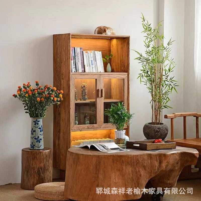 老榆木玻璃柜全实木复古餐边柜原木展示柜书柜酒柜民宿客厅家具
