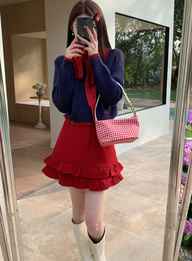 FEIMAO（YIMAO）-双层花朵复古蓬蓬花边松紧腰显瘦半身裙