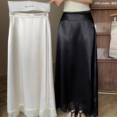 MSTUDIO漫莎-26年早春早春系列高级显瘦缎面下摆拼接蕾丝半身裙