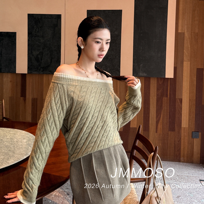 ZY GODDESS-慵懒风斜纹麻花撞色边圆领斜肩两穿针织衫毛衣JQ6110