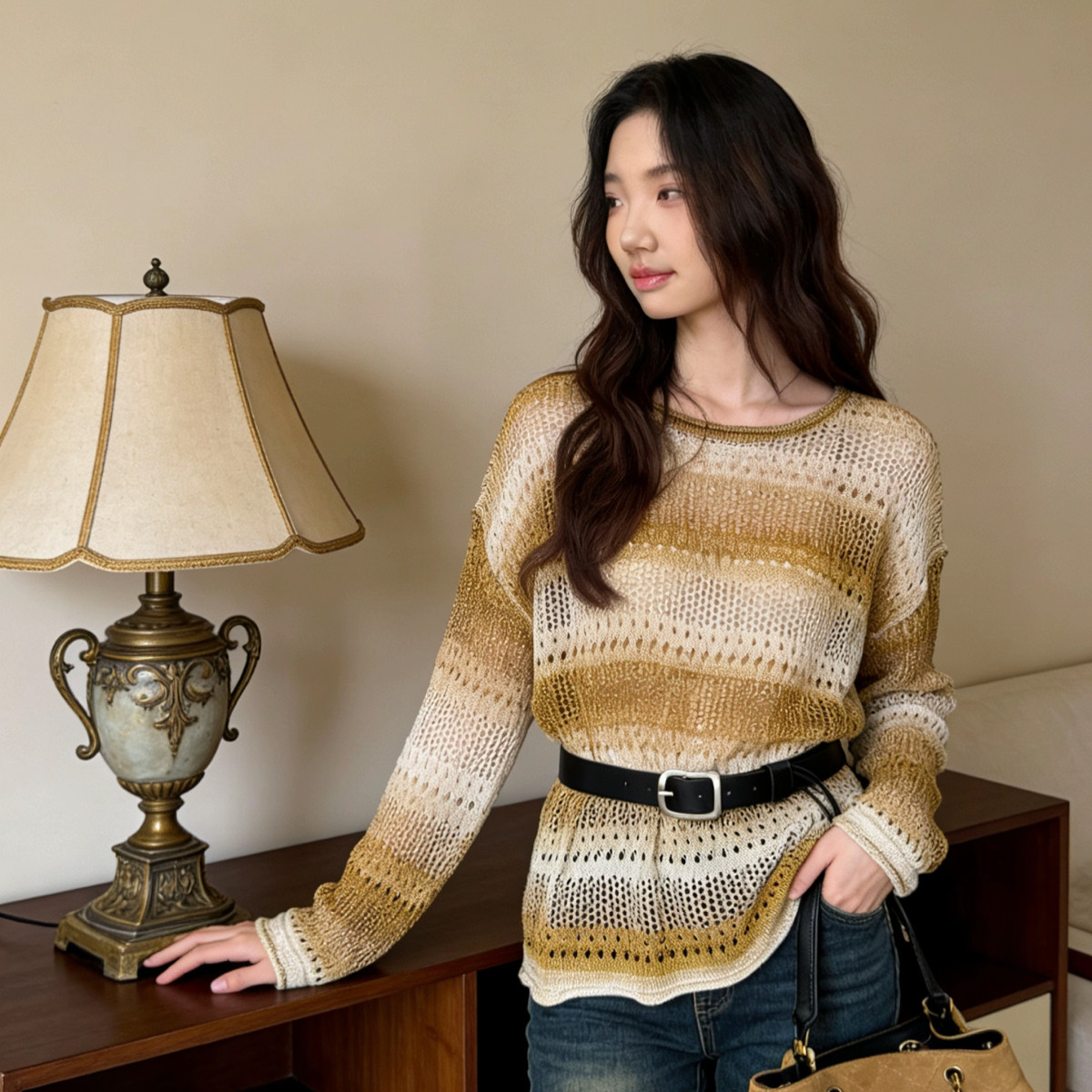 ZY GODDESS-博主风简约渐变撞色条纹宽松百搭镂空针织衫(配腰带)