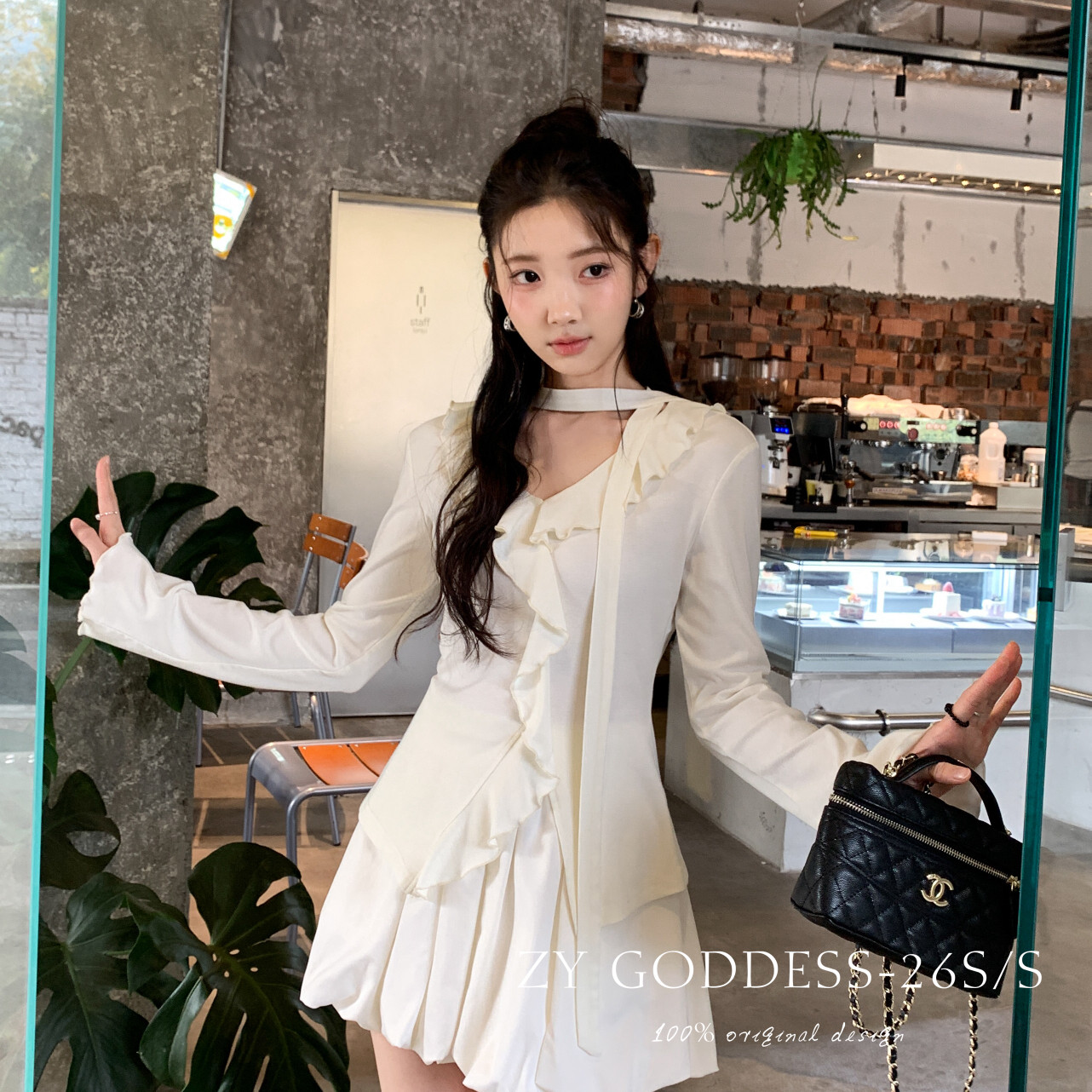 ZY GODDESS-妹韩版氛围感荷叶边v领轻薄透气长袖T桖小衫(配飘带)