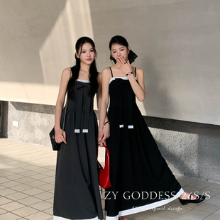 ZY GODDESS-质法式赫本风吊带撞色蝴蝶结收腰大摆伞裙连衣裙86316