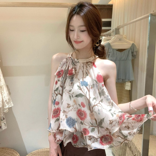AS OFFICIAL-夏美超标明艳系大美女法式荷叶摆碎花挂脖小衫28512