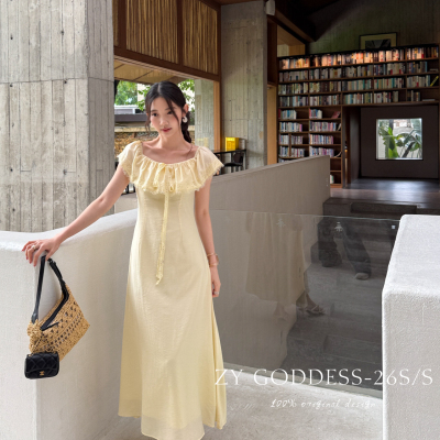 ZY GODDESS-简约优雅女神裙法式一字肩荷叶边拼接蕾丝连衣裙87020