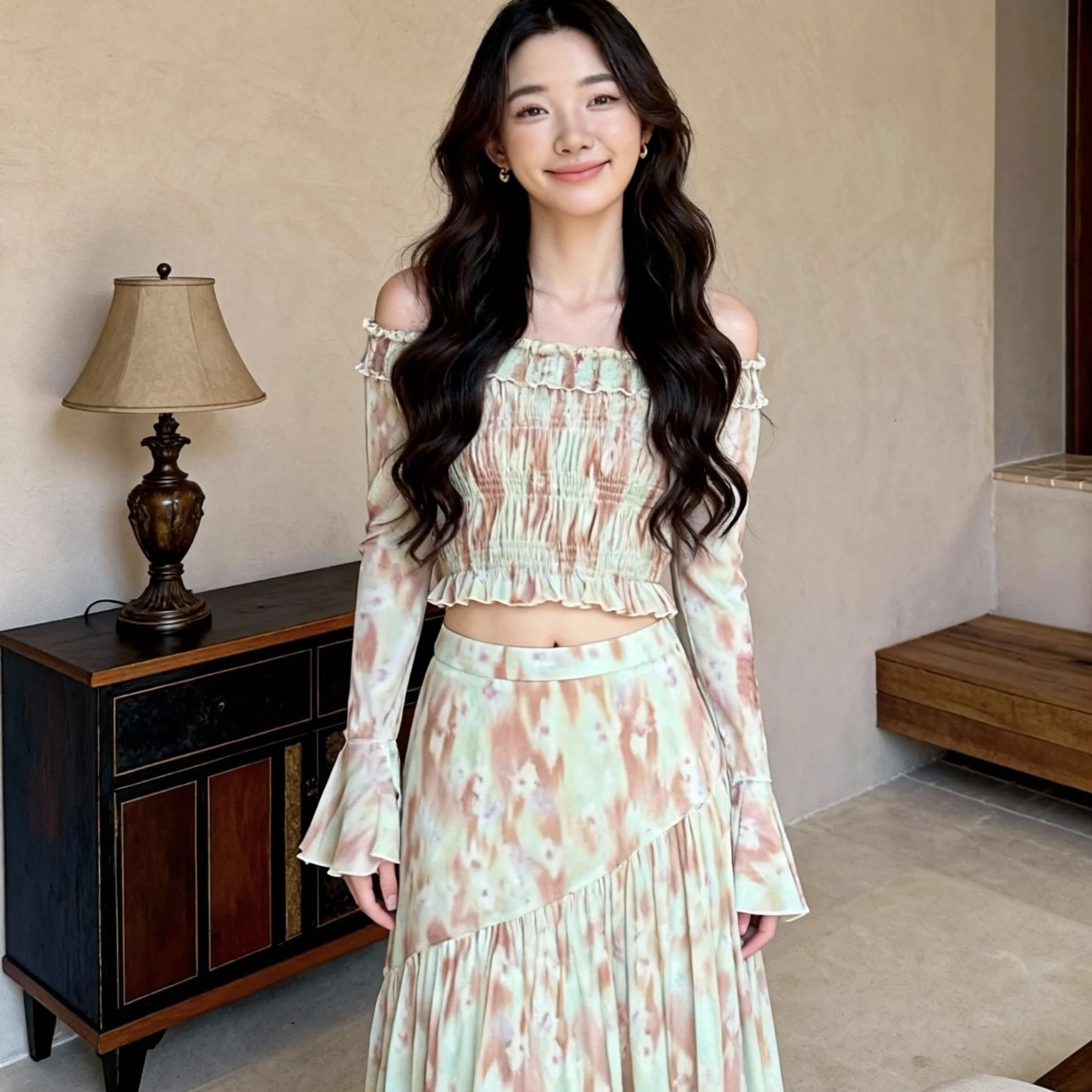 ZY GODDESS-变晕染印花一字肩打揽显瘦小衫+丝滑长伞裙半身裙套装