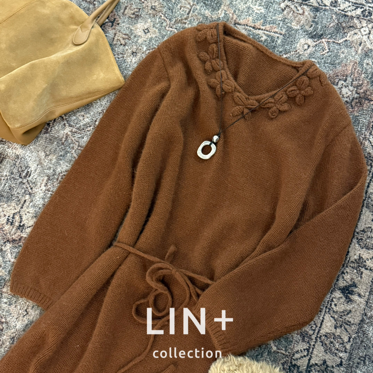 LIN+  -厚舒适松弛浪漫连衣裙(配腰绳)(含28.9绵羊毛)(41.3浣熊)