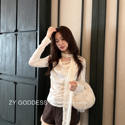 ZY GODDESS-氛围感蕾丝拼接荡领设计显瘦长袖T小衫(配丝巾)89277