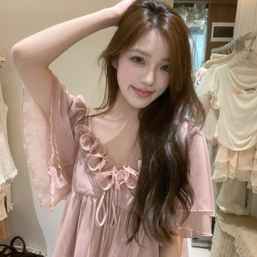 AS OFFICIAL-精选约坠入浪漫法式立体木耳边V领小衫28537