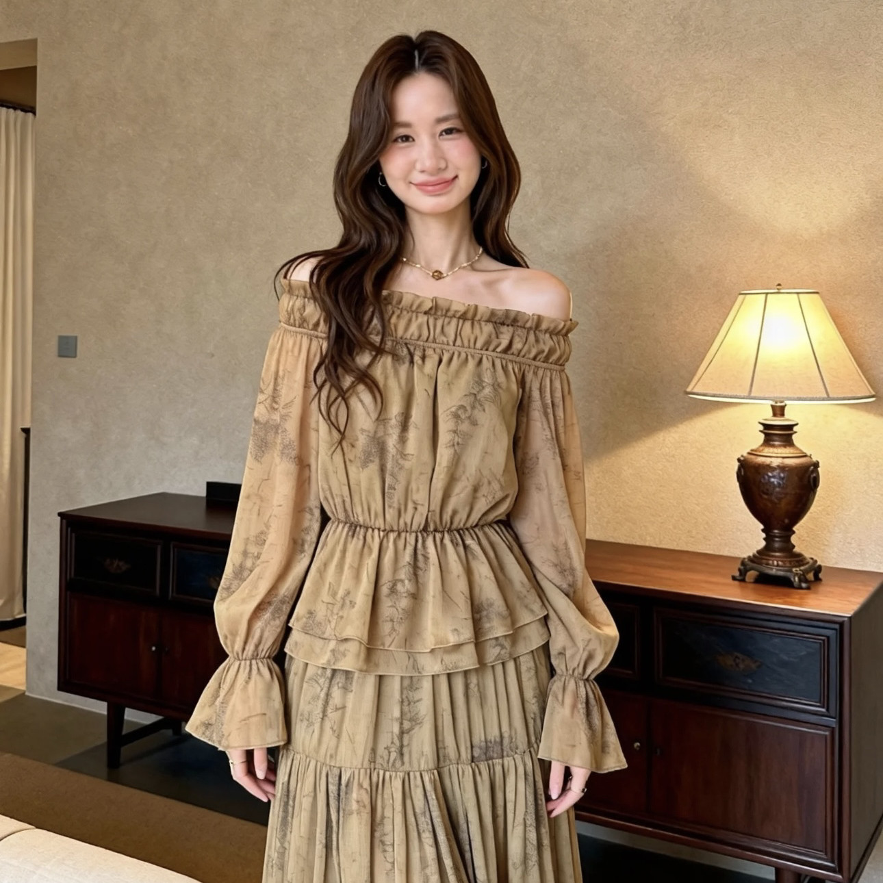 ZY GODDESS-婉国风气质水墨印花一字肩小衫+飘逸长伞裙半身裙套装