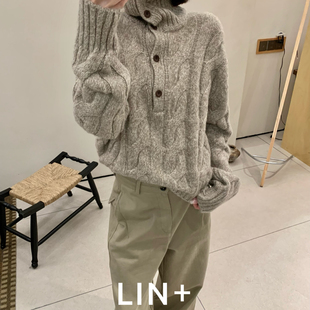 DH941 含5.3绵羊毛 LIN 花纽结老钱复古花纱高领加厚宽松毛衣