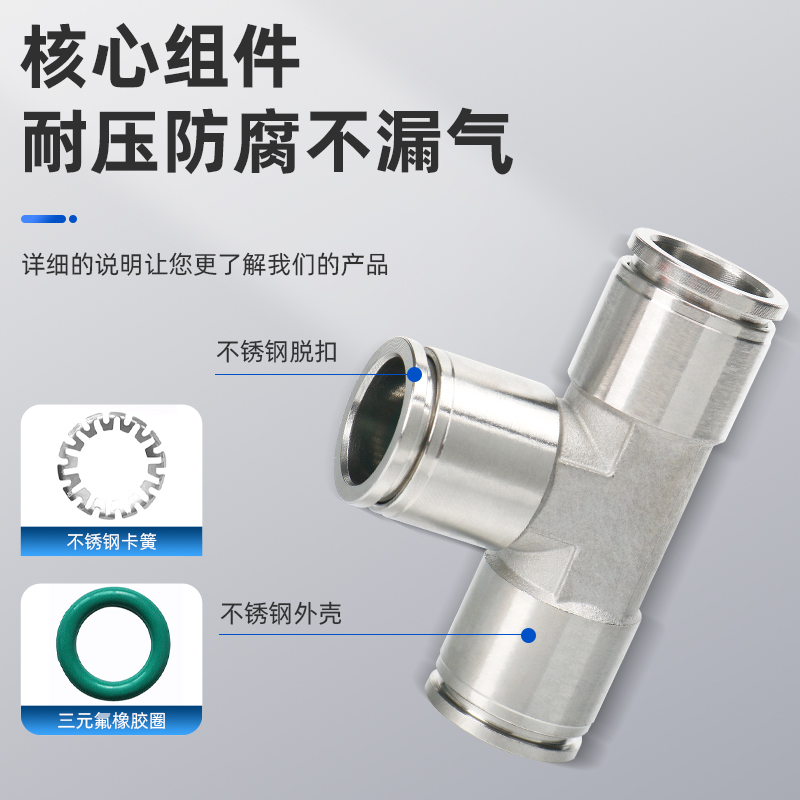 304不锈钢PE三通快拧卡套气动元件内外丝快速软管气管快插接头