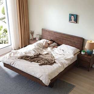 黑胡桃木全实木双人床1米8主卧大床简约现代1.5m小户型齐边悬浮床