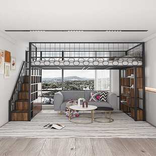 小户型多功能省空间铁艺高架床上床下桌复式阁楼悬挂带梯柜上下床