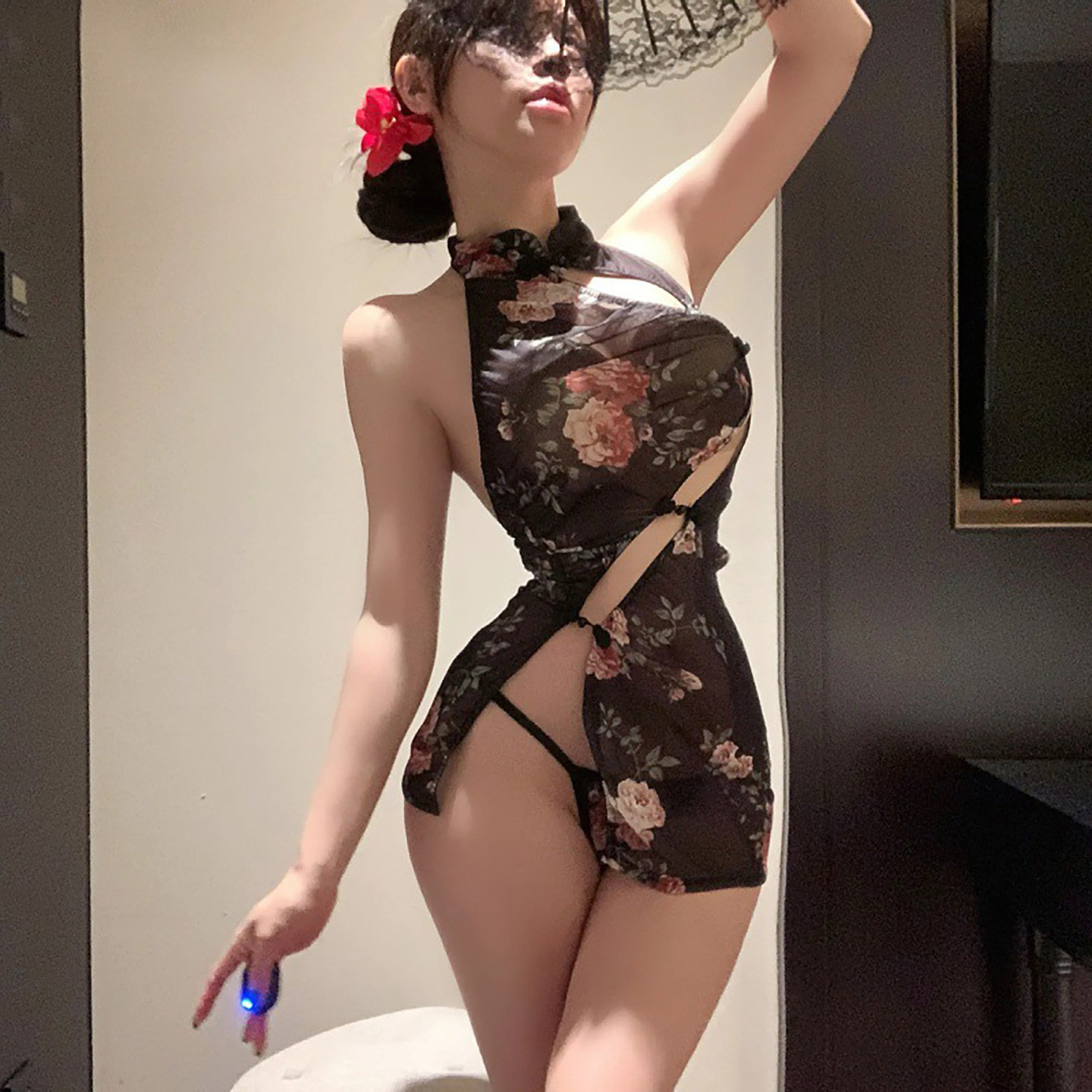 晴趣古典优雅纯欲风透视复古印花性感旗袍高开衩套装免脱qqny