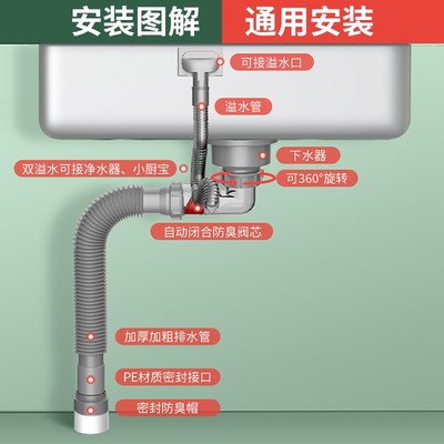 厨房洗菜盆下水管配件水槽单槽全套装防臭排水管三通洗碗槽池通用