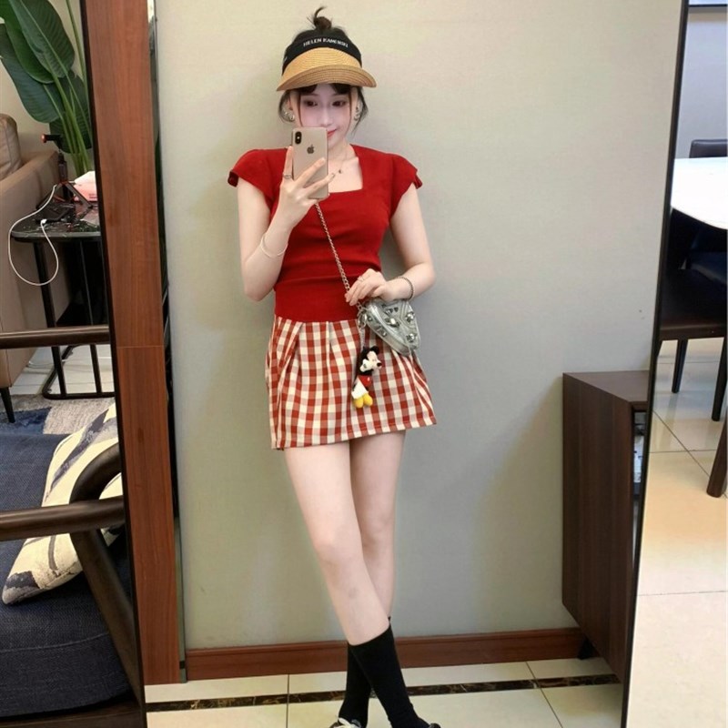 大码胖mm夏装搭配一整套小个子方领上衣半身短裙时尚两件套装女潮
