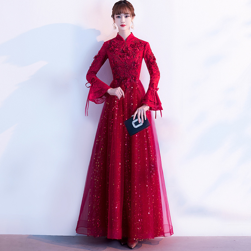 敬酒服新娘晨袍2025新款气质长款酒红色加厚结婚订婚宴敬酒晚礼服