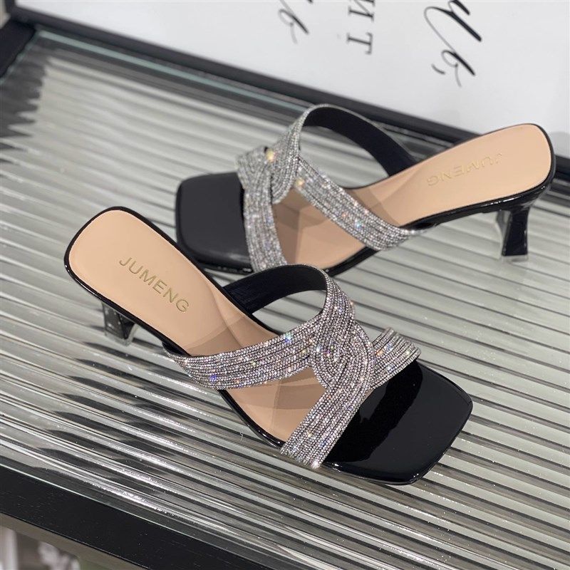 法式绝美粗跟外穿洋气凉p拖鞋女2025夏季新款方头水钻高跟交叉凉,女鞋,一字拖,淘宝优惠券,粉丝福利购,淘宝优惠卷