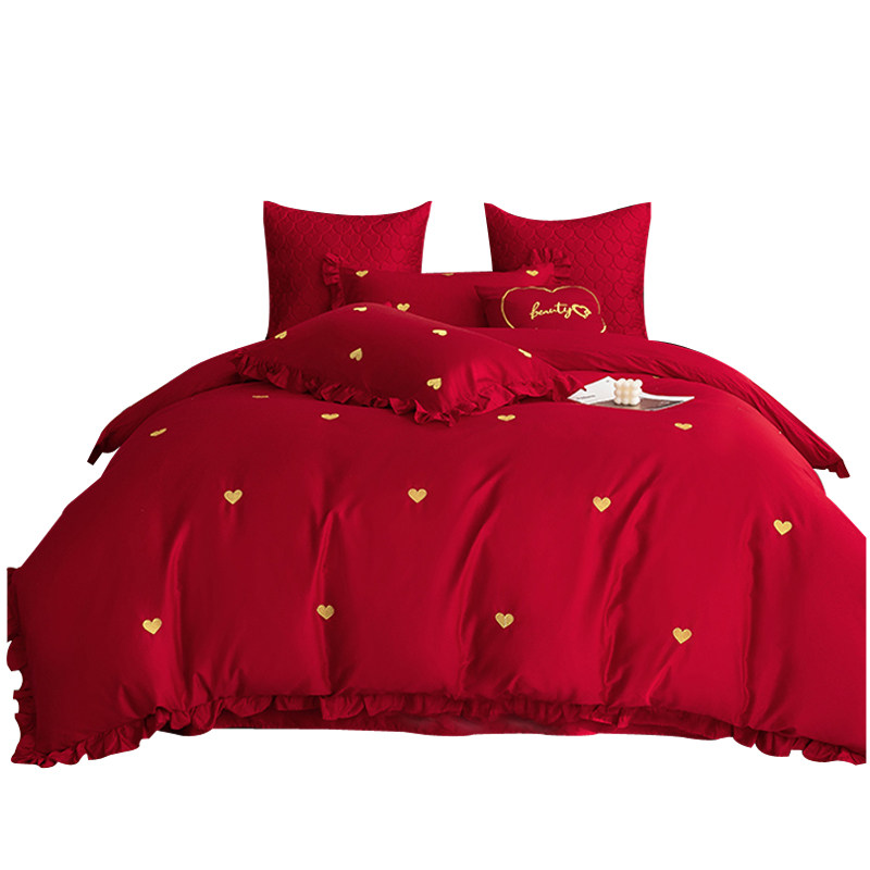 160支长绒棉k爱心全棉婚庆四件套结婚大红色陪嫁喜被床上用品,床上用品,婚庆床品套件,淘宝优惠券,粉丝福利购,淘宝优惠卷