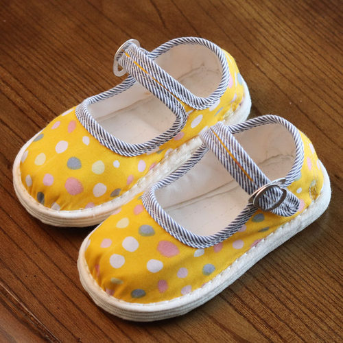 新款纯手工千层底宝宝学步鞋小y号一字扣黄色圆点浅口透气儿童布