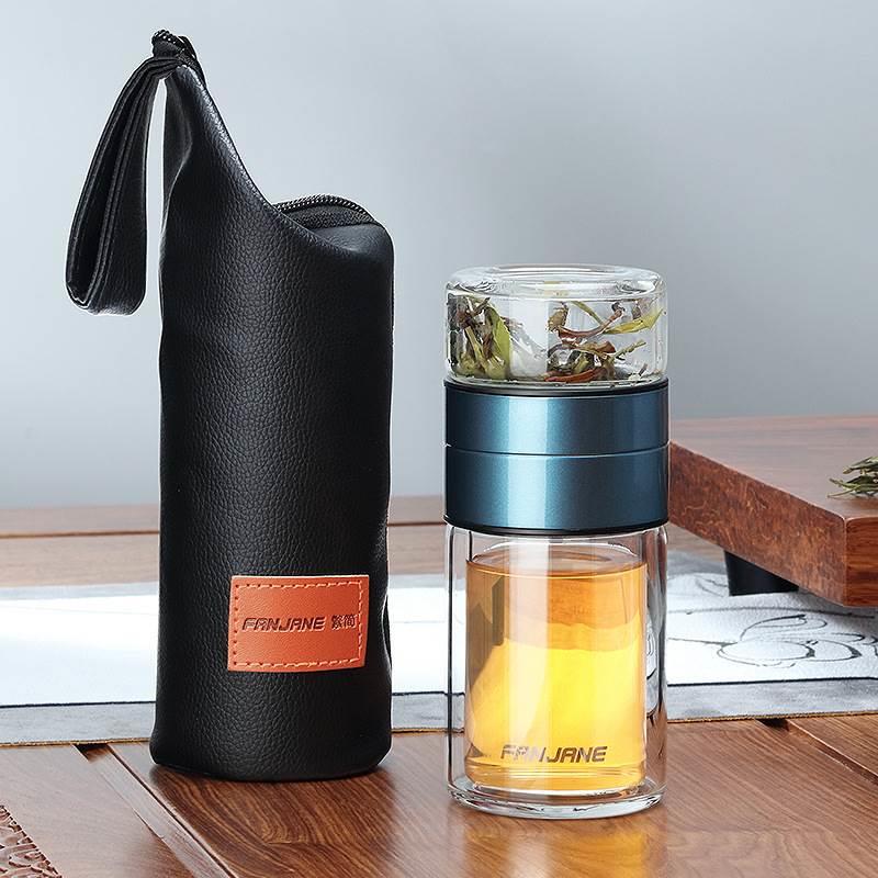 玻璃杯双层防烫花茶杯带盖高档男款茶水分璃杯便T携透明泡茶杯子