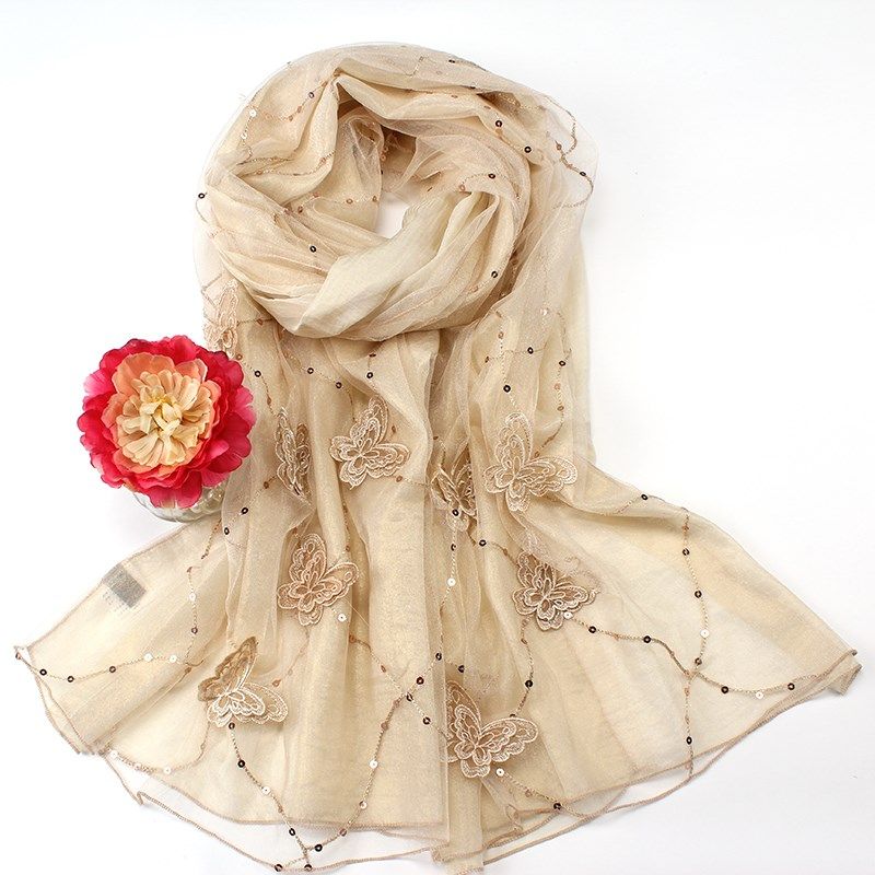 韩版秋冬季纯色蕾丝雪纺绣花围巾百搭时尚新款丝T巾披肩两用纱巾