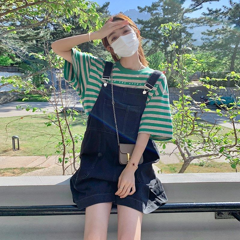 学院风牛仔背带裤k套装女2025夏季新款小个子条纹T恤连衣裤两件套