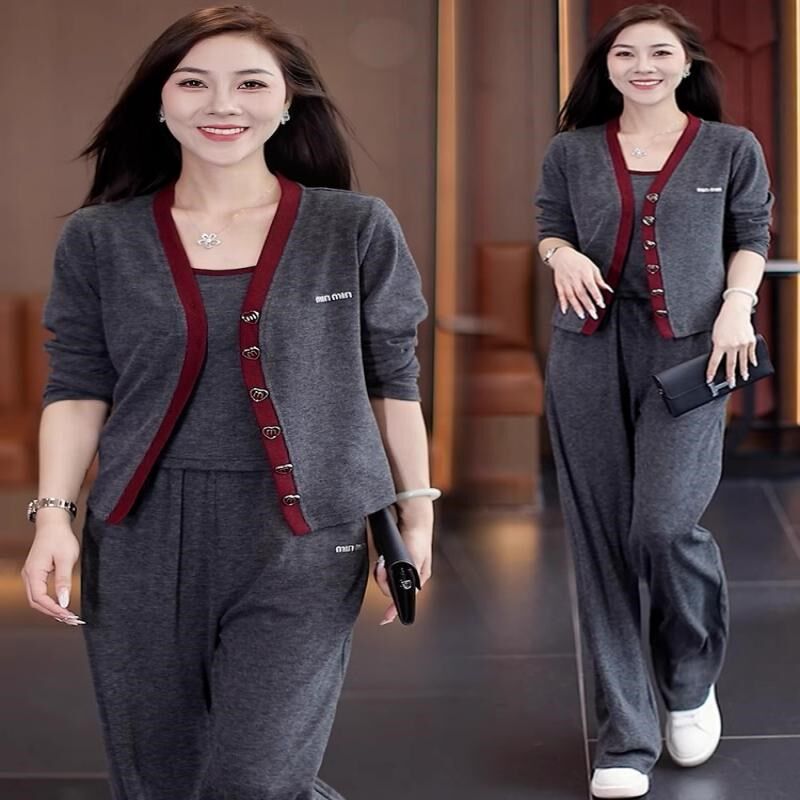 时尚显瘦套装女2024春秋季新款减龄拼色洋O气开衫直筒裤三件套潮