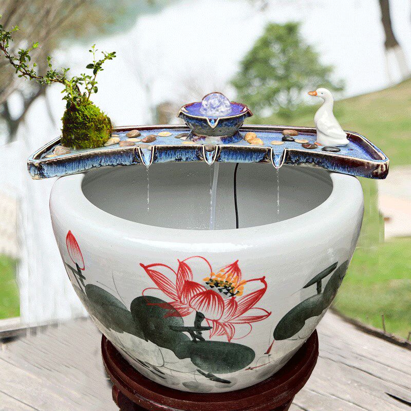 招财流水生财循环水陶瓷鱼缸循环流水摆件过滤增氧石X槽微景观造