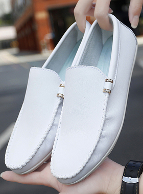 豆豆鞋男英伦20j23年新款春季白色休闲小皮鞋一脚蹬懒人软底开车
