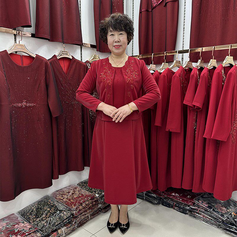 高档参加婚礼妈妈两l件套40岁50小个子优雅女人气质遮肚子红色套