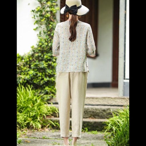 服装纸样减龄两件套950款苎麻棉麻套装女短袖Q文艺休闲裤女装样版