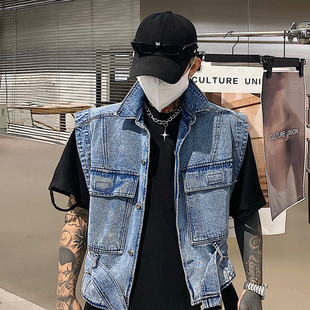 马 N外套潮流春秋无袖 港风翻领牛仔马甲男生外穿背心2021夏季 工装