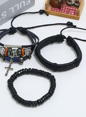 韩版时尚个性潮流新款男士套装手链复古简约编织牛皮手链DIY手绳