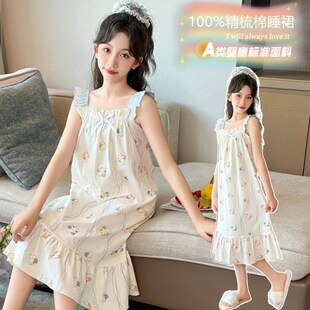 100纯棉女童k睡裙夏款2025新款可外穿儿童吊带睡裙女孩睡衣裙子