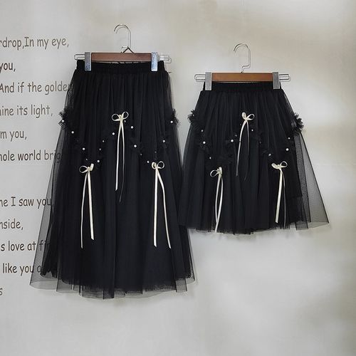 女童半身裙纱裙亲子夏装儿童宝宝百褶A字裙中长款X网纱夏季黑色